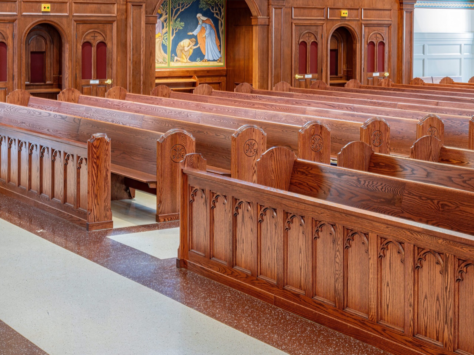 Church pew frame with re-glued joints and rebuilt end panel — church pew repair by Atlas Upholstering, Canada